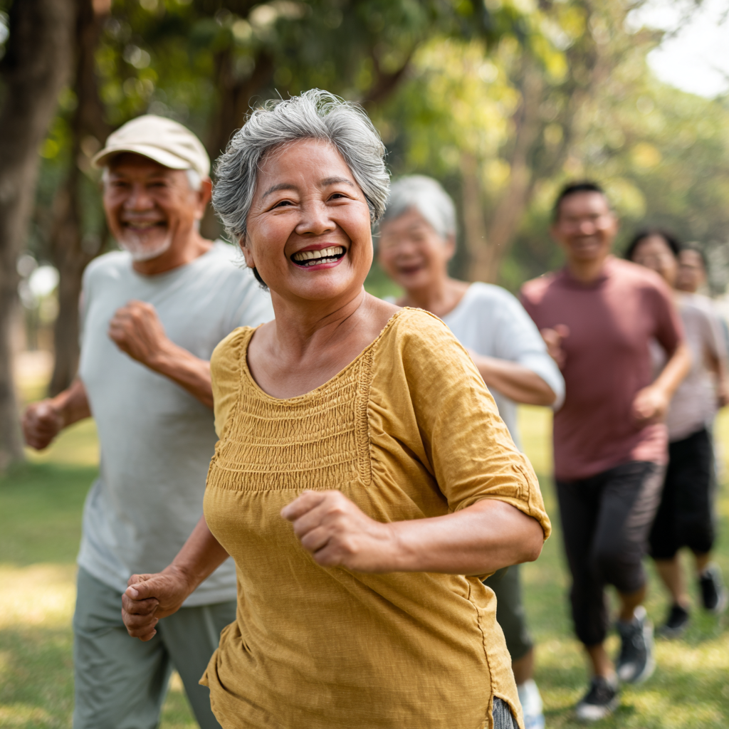 Happy middle-aged Kazakh adults exercising together in a modern fitness studio, showing determination and joy while working out