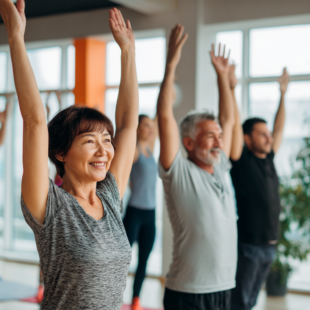 Senior Kazakh couple in their 60s doing gentle stretching exercises outdoors, both smiling and demonstrating healthy aging through fitness